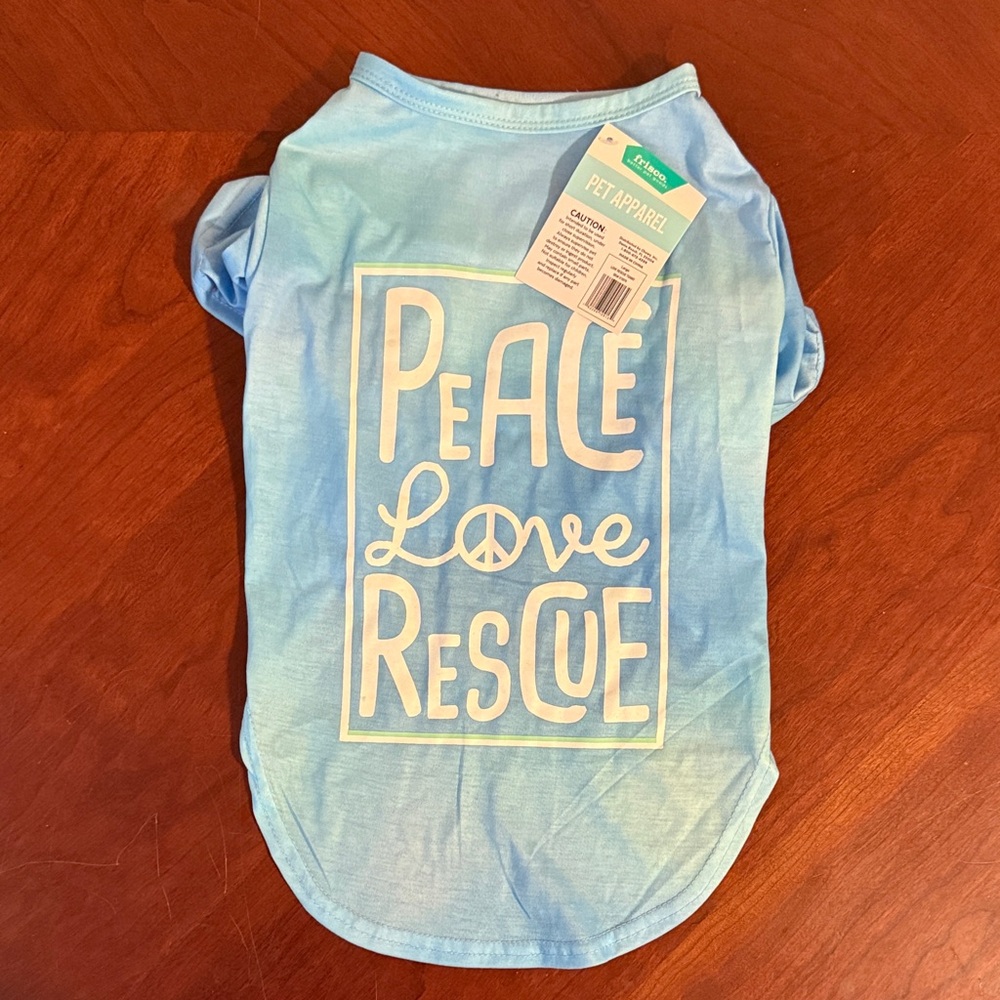 Blue dog Shirt with Peace Love‎ Rescue Design. Size Large
